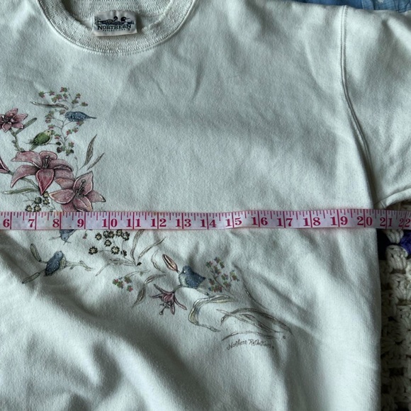 90s Northern Reflections Floral Lily Nature Bird Print Cream Knit Trim Sweater - Picture 7 of 8